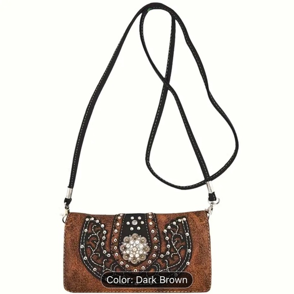 Brown Western Style Faux Leather Studded Shoulder Bag With Wallet - Picture 6 of 7